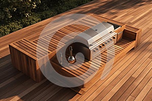 3D render of teak wooden deck with outdoor grill. Generative AI