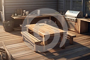 3D render of teak wooden deck with outdoor grill. Generative AI