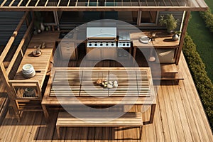 3D render of teak wooden deck with outdoor grill. Generative AI