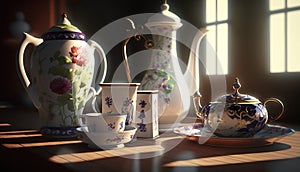 3d render of teapot, cups and teacups