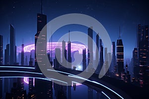 3D render of a tech infused night scene, epitomizing futuristic urbanism