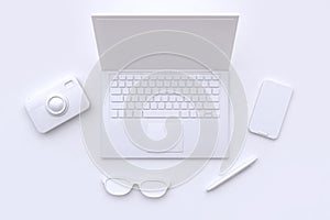 3d render technology concept white scene abstract laptop camera glasses pen smart phone