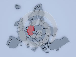 3D render of a textured gray block Europe map with Germany in Red