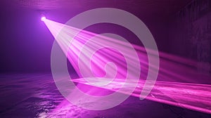 In this 3D render, there is a neon background with a dramatic stage lighting effect. Purple rays beam light on the floor