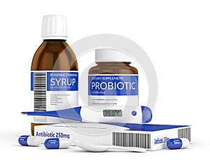 3d render of thermometer, antibiotic, syrup and probiotic over