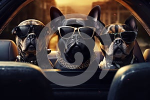 3d render of three gangsta dogs with sunglasses sitting on the back seat of limousine. Generative AI