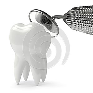 3d render of tooth decay and dental mirror over white