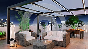 3D render of top floor apartment patio with pergola at twilight