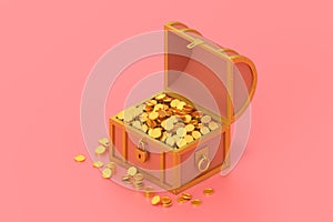 3d render treasure chest with coins on pink background.