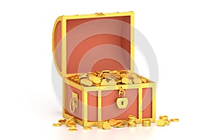 3d render treasure chest with coins on white background.