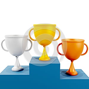 3d render of trophy cups made of gold, silver and bronze for winning places in sports.Illustration of a digital image for sport.