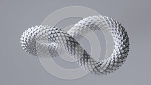 3d render of twisted infinity symbol with white snake skin texture, isolated on white background. Abstract minimalist wallpaper of