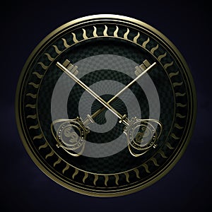 3d render of two exquisite gold key with a dollar symbol crossed on a dark checkered background with a round gold frame