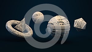 3d render. UFO spaceship concept. Science fiction objects.