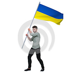 3D Render : an Ukrainian man is holding and waving the Ukraine Country flag to cerebrate an important event