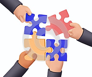 3D render vector Business concept. Team metaphor. People hands connecting puzzle elements. Vector illustration 3d render
