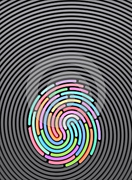 3D render vertical abstract background of stylized fingerprint of smooth lines of spline gradient multicolor waves