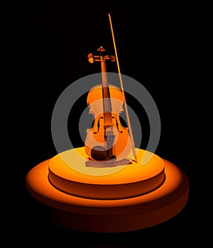 3d render of violin and bow on round podium in spot light. Solo performance