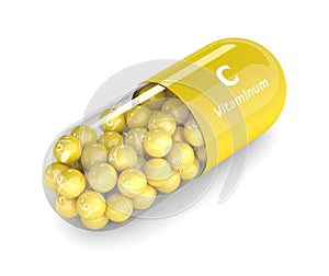 3d render of vitamin C pill with granules