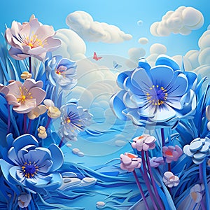 3D Render wallpaper flowers butterfly clouds ai generator