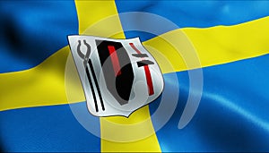 3D Render Waving Sweden province Flag of Halsingland Closeup View