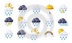 3d render weather icons set, day or night elements