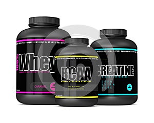 3d render of whey, BCAA and creatine bottles