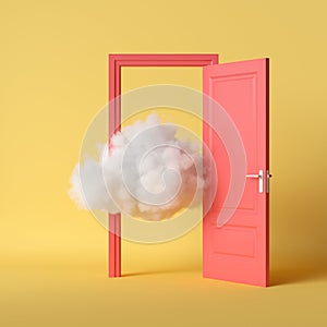 3d render, white cloud, open red door, objects isolated on bright yellow background. Abstract metaphor, modern minimal concept.