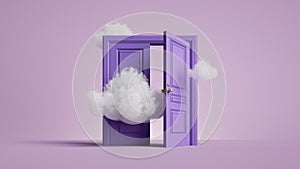 3d render, white clouds flying inside the half opened violet double doors. Architectural or interior element isolated on lilac