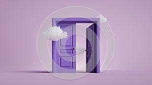 3d render, white clouds flying inside the half opened violet double doors. Architectural or interior element isolated on lilac