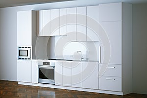 3d render white contemporary kitchen in interior perspective