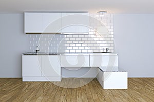 3D Render White Contemporary Kitchen in White Interior