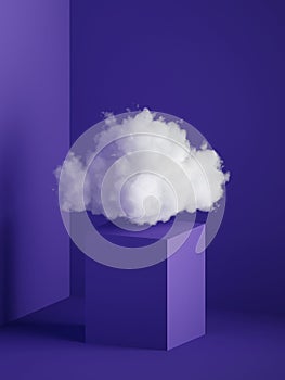 3d render, white fluffy cloud above the cube pedestal, square podium, minimal room interior.