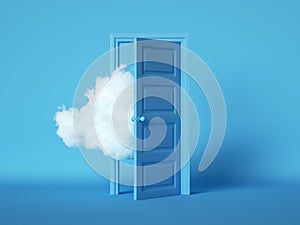 3d render, white fluffy cloud going through, flying out the open door, objects isolated on blue background. Modern minimal concept