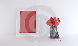 3D render of white frame with blank red space near a vase of red flowers for copy space