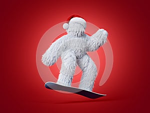 3d render, white hairy yeti in Christmas hat jumps on snowboard. Winter sports concept. Furry bigfoot cartoon character, scary.