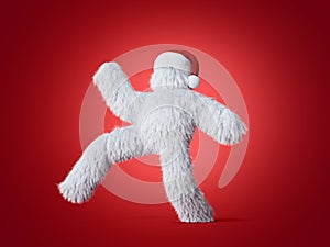 3d render, white hairy yeti in Christmas hat walking, running or dancing. Furry bigfoot cartoon character, scary monster isolated.