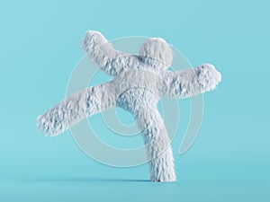 3d render, white hairy yeti dances, furry bigfoot cartoon character, funny winter monster isolated on mint blue background.