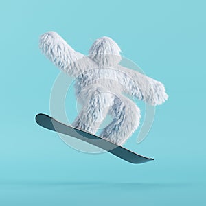 3d render, white hairy yeti jumps on snowboard. Winter sports concept. Furry bigfoot cartoon character, scary monster isolated
