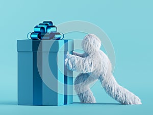 3d render, white hairy yeti pushes the big heavy gift box, bigfoot cartoon character prepares surprise. Festive clip art isolated