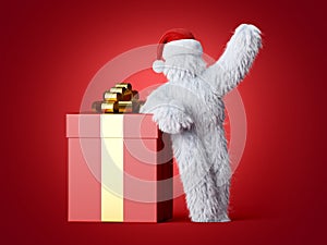 3d render, white hairy yeti in Santa Claus hat, stands near the big gift box. Bigfoot cartoon character celebrating Christmas