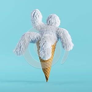 3d render, white hairy yeti sits inside the waffle horn, furry bigfoot toy instead of ice-cream ball. Funny clip art isolated