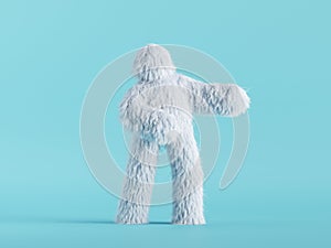 3d render, white hairy yeti stands, furry bigfoot toy, funny winter monster cartoon character isolated on mint blue background.