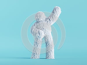 3d render, white hairy yeti stands with hand up, furry bigfoot toy, cartoon character fluffy monster isolated on mint blue.