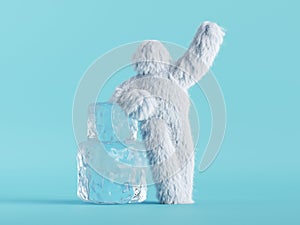 3d render, white hairy yeti stands near big ice cubes, bigfoot cartoon character. Winter clip art isolated on mint blue background