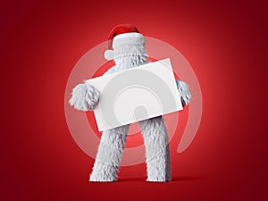 3d render, white hairy yeti wears Christmas hat, holds blank card mockup, furry bigfoot toy with empty banner, funny winter.