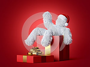 3d render, white hairy yeti wears christmas hat, sits inside the big gift box, bigfoot cartoon character celebrating.
