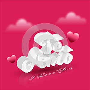 3D Render White I Love You TE AMO Text Written In Latin Language With Glossy Hearts And Blur Clouds On Pink