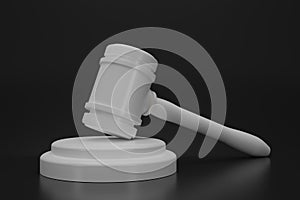 3D render white Judge hammer icon law gavel. A white judge gavel with stand on black background. Auction court hammer bid