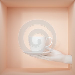 3d render, white objects inside peachy box. Hand holding porcelain cup and plate, isolated on pastel background, female mannequin